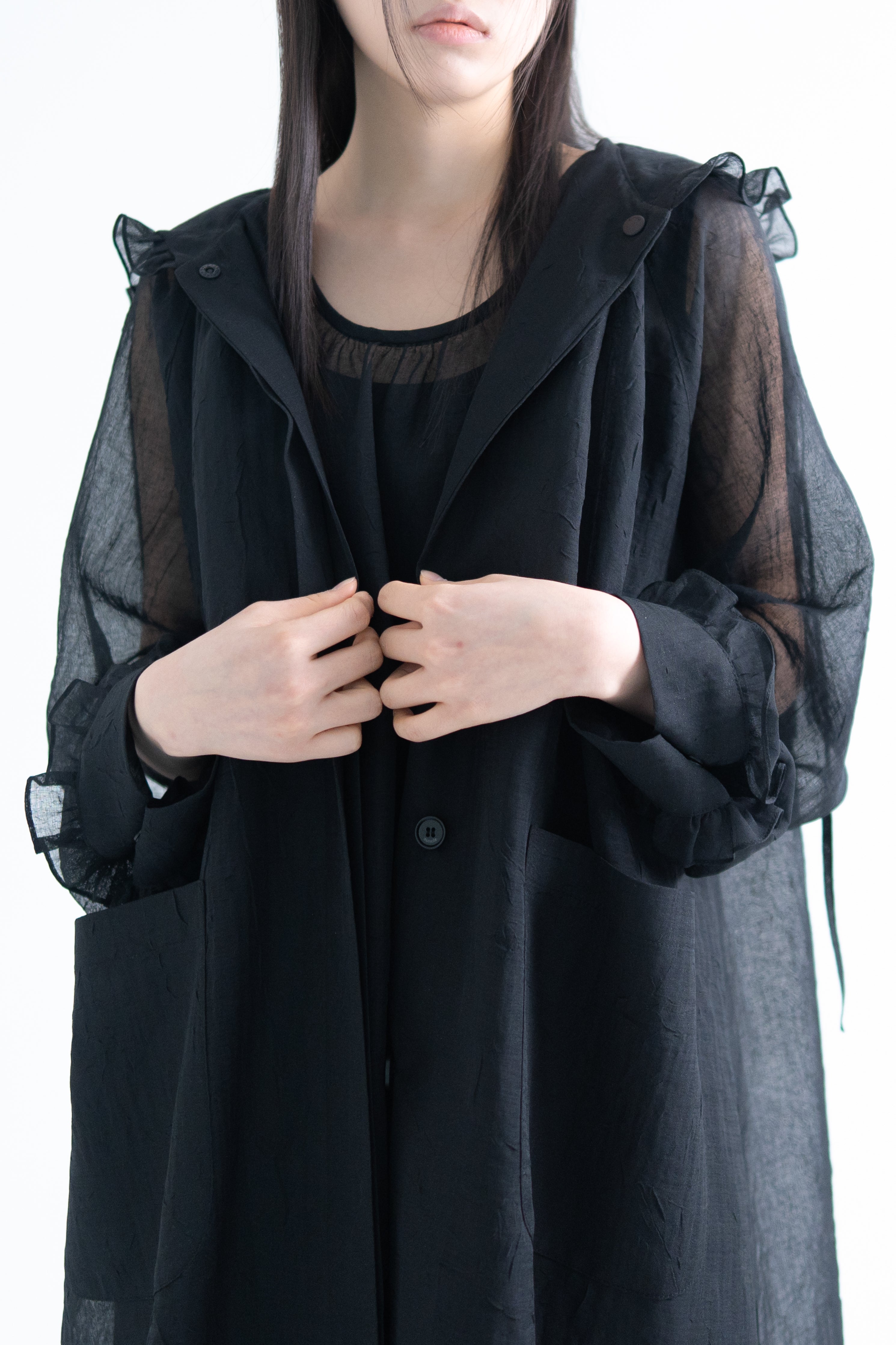 frill hooded organza coat