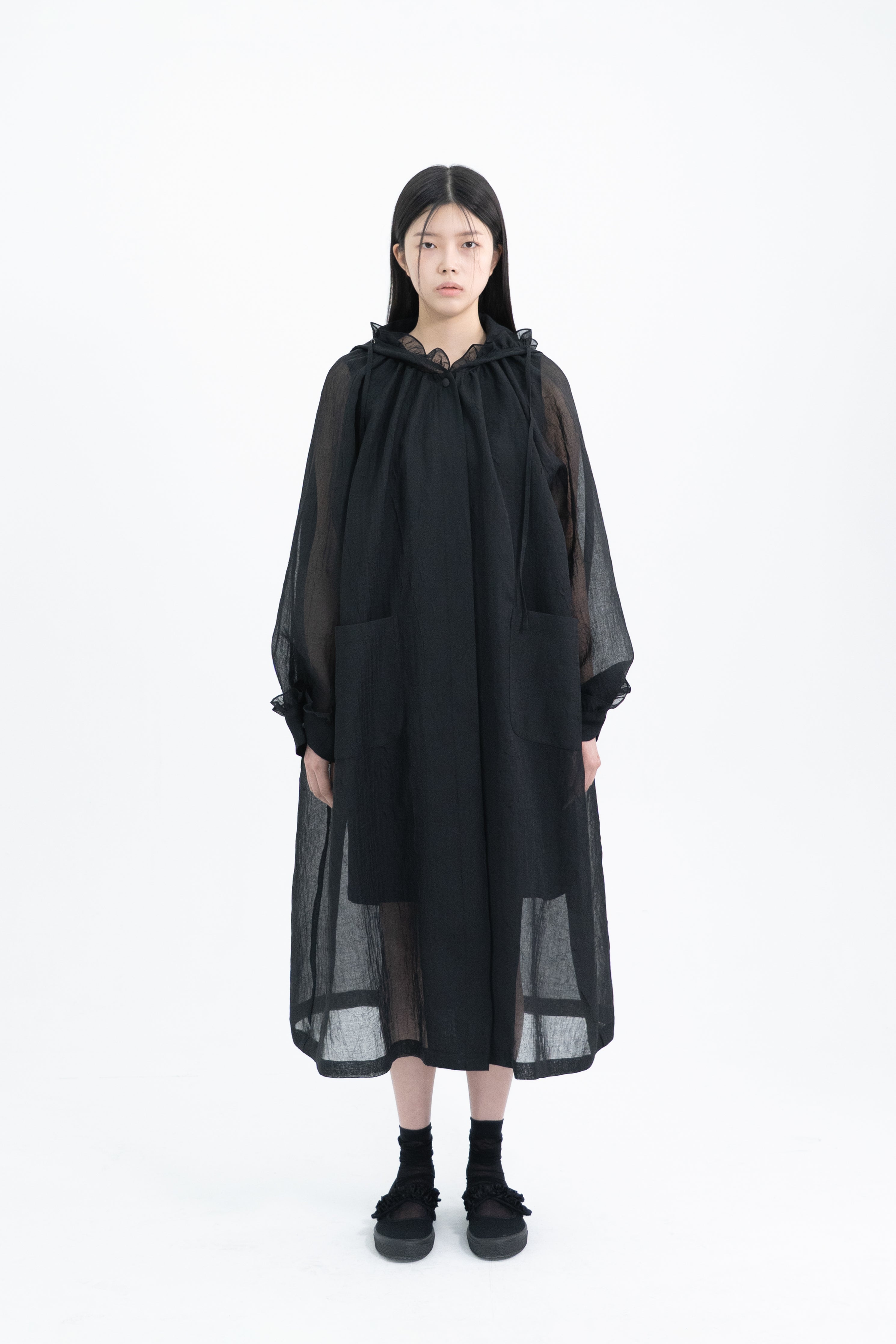 frill hooded organza coat