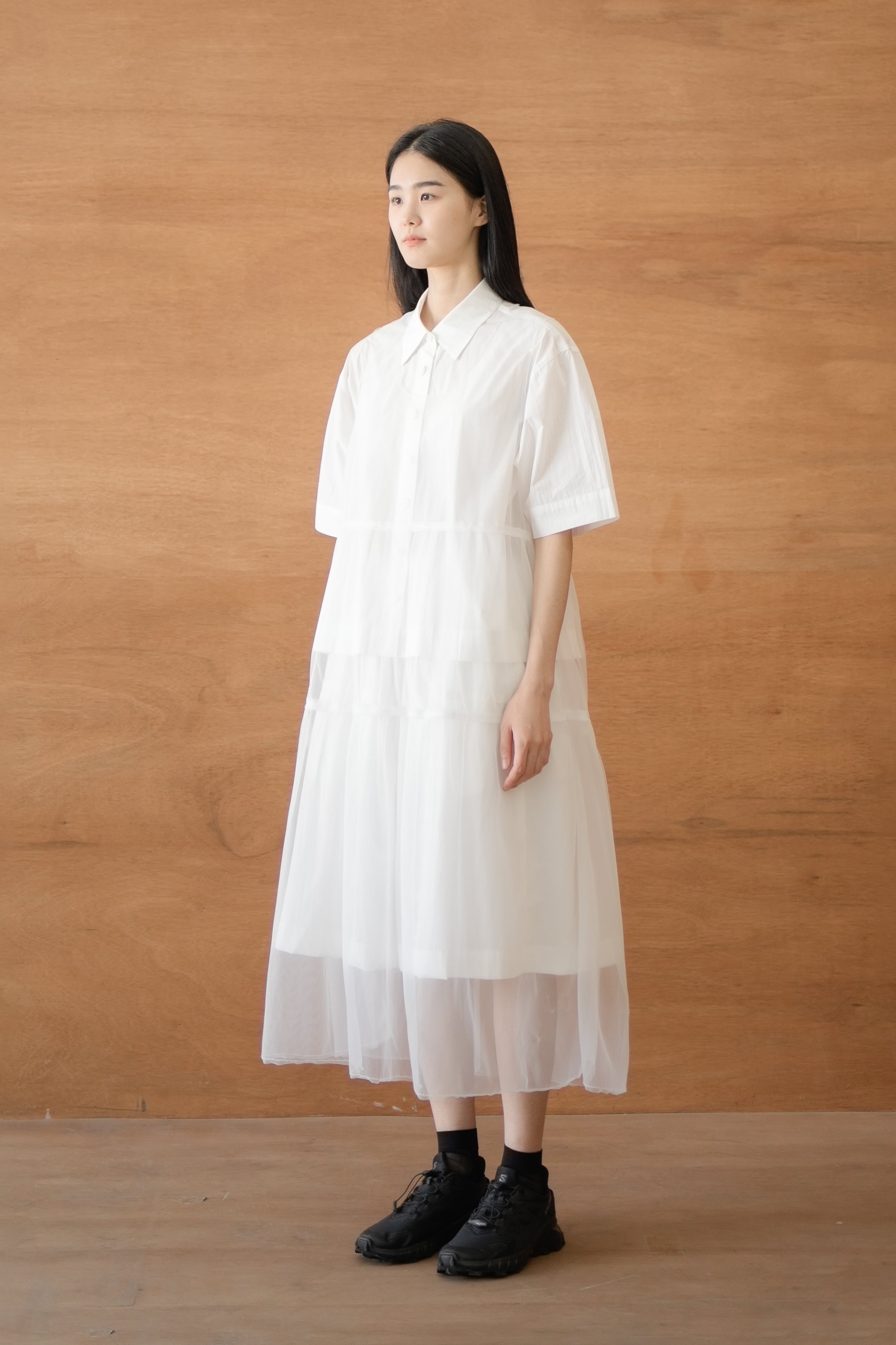 layered mesh tuck dress