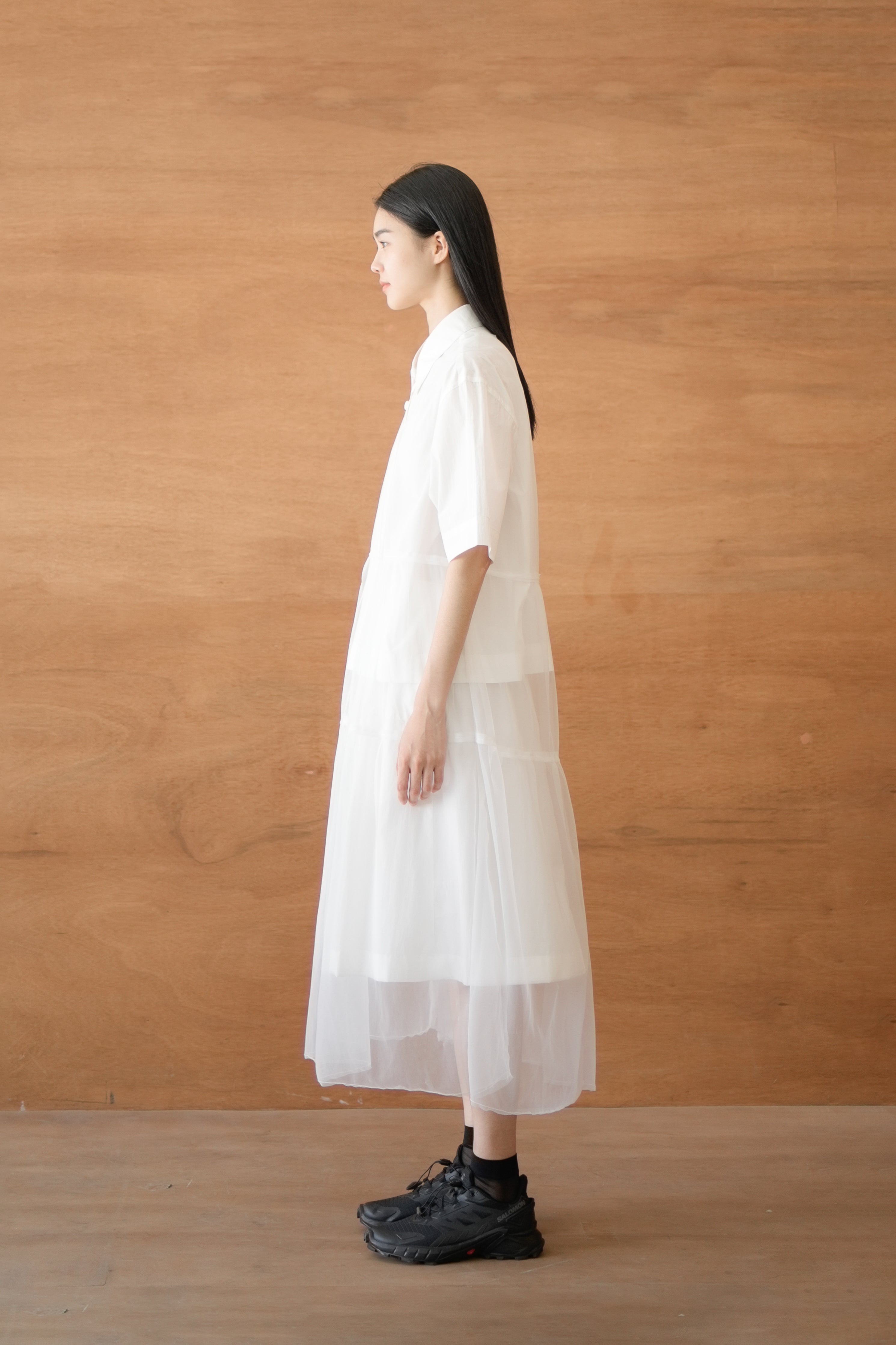 layered mesh tuck dress
