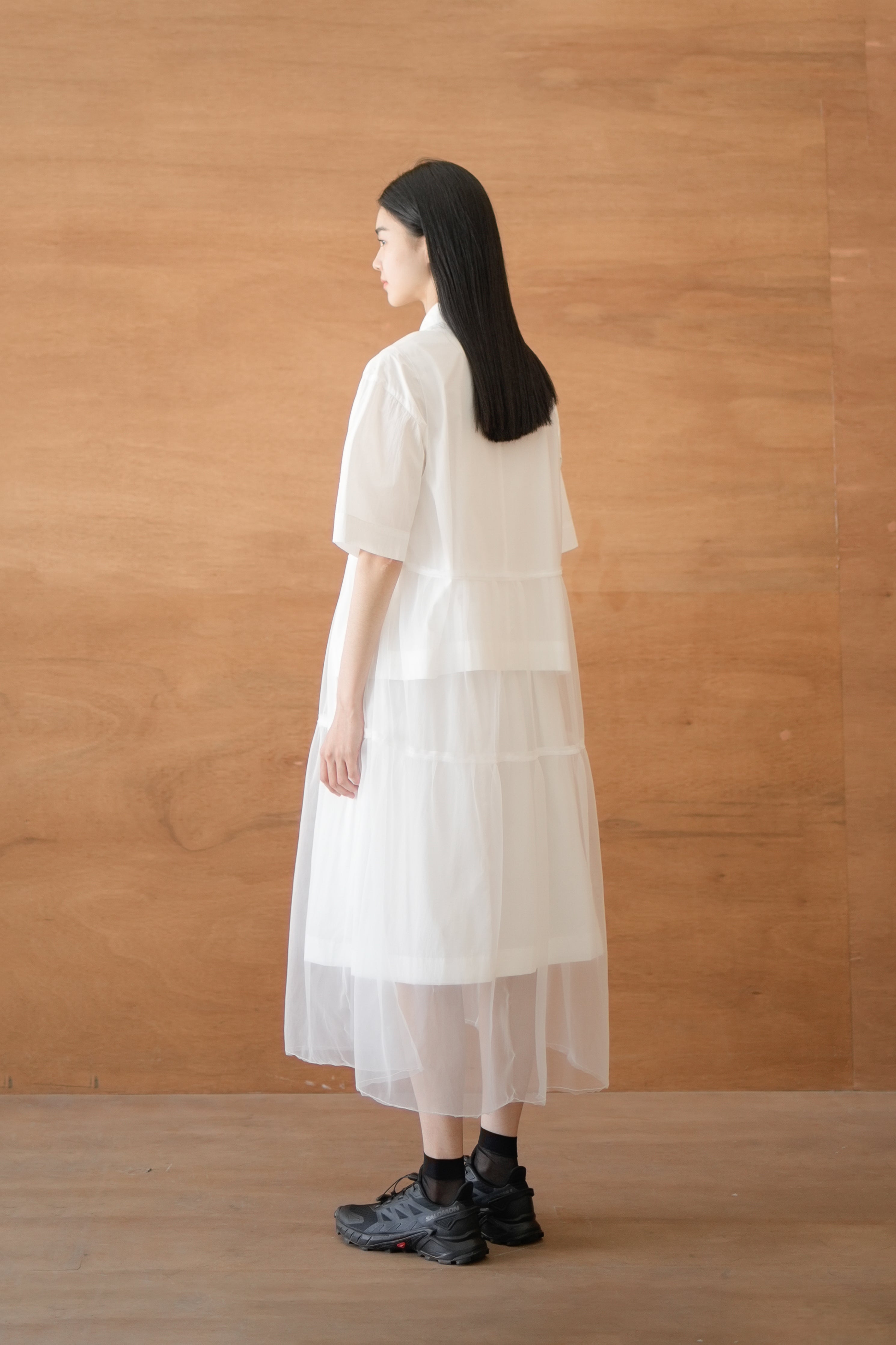 layered mesh tuck dress