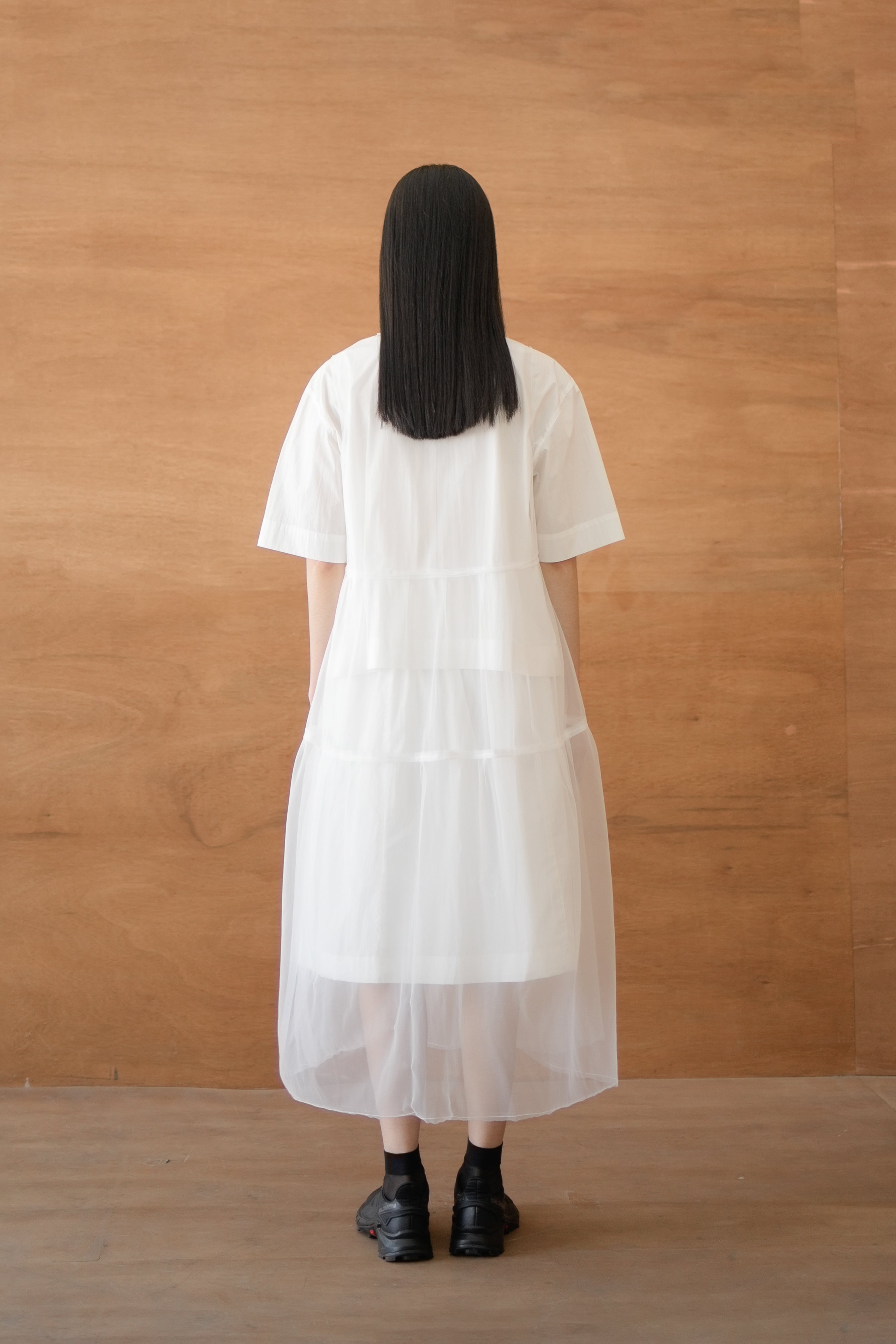 layered mesh tuck dress