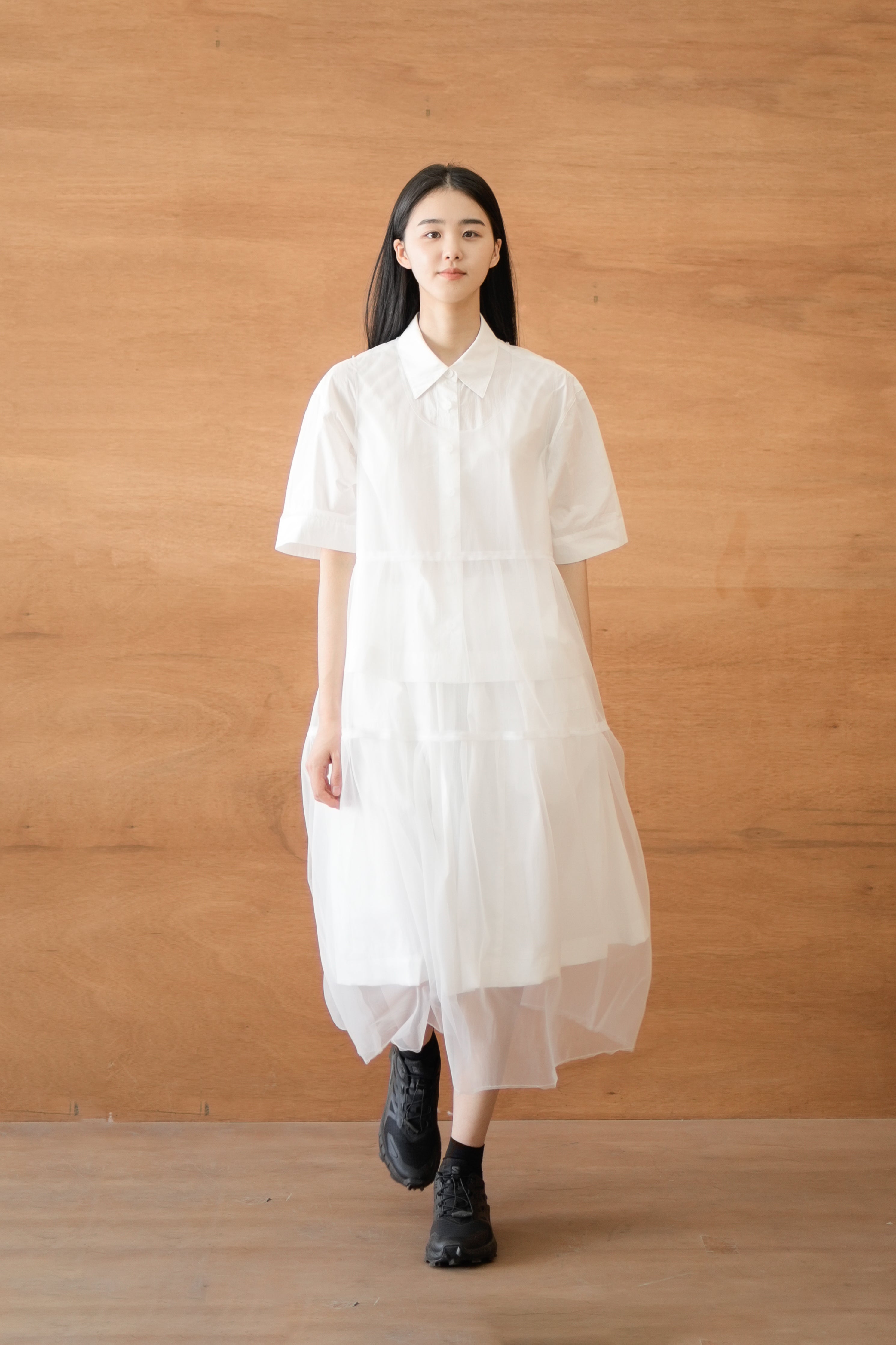layered mesh tuck dress