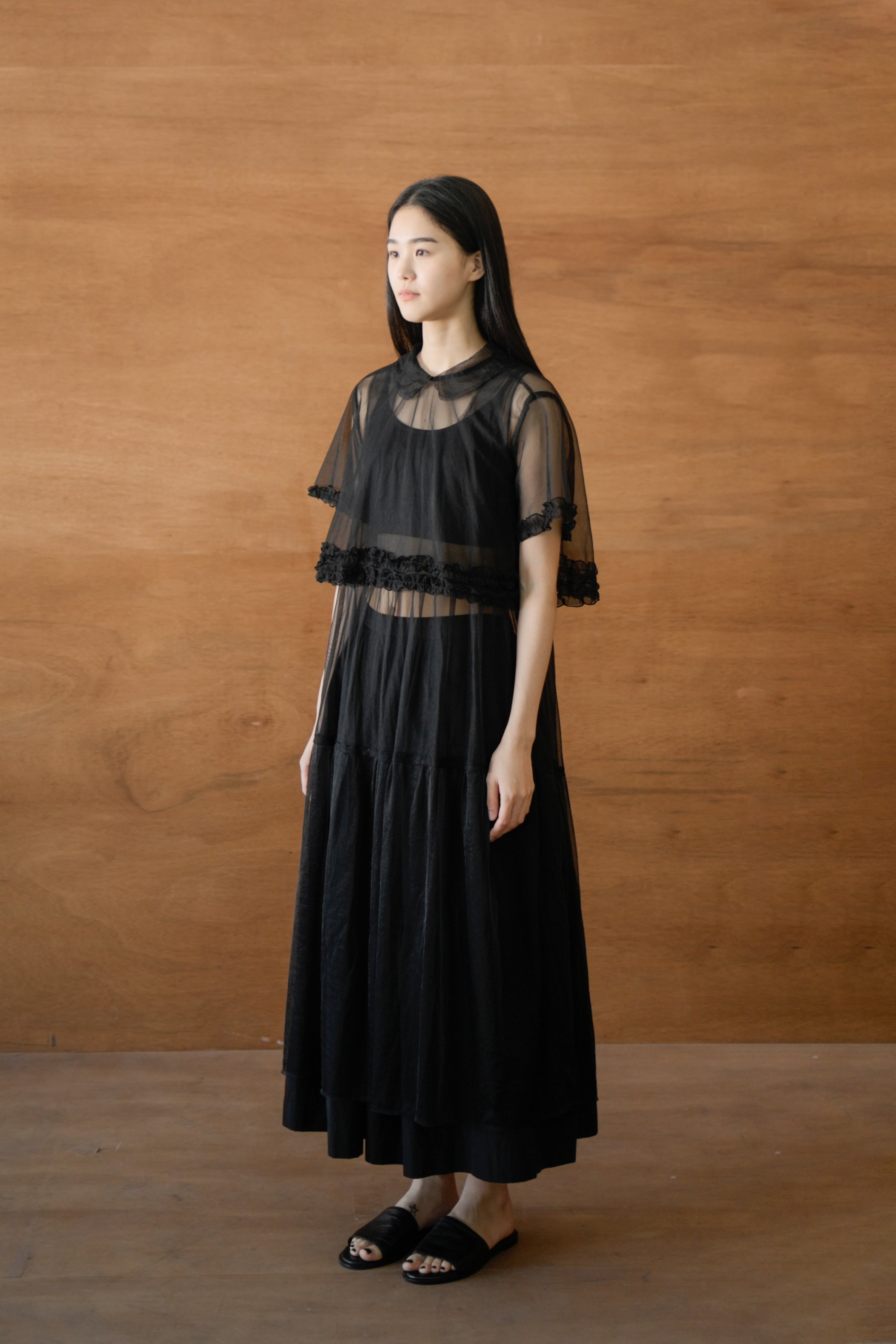 layered mesh tuck dress