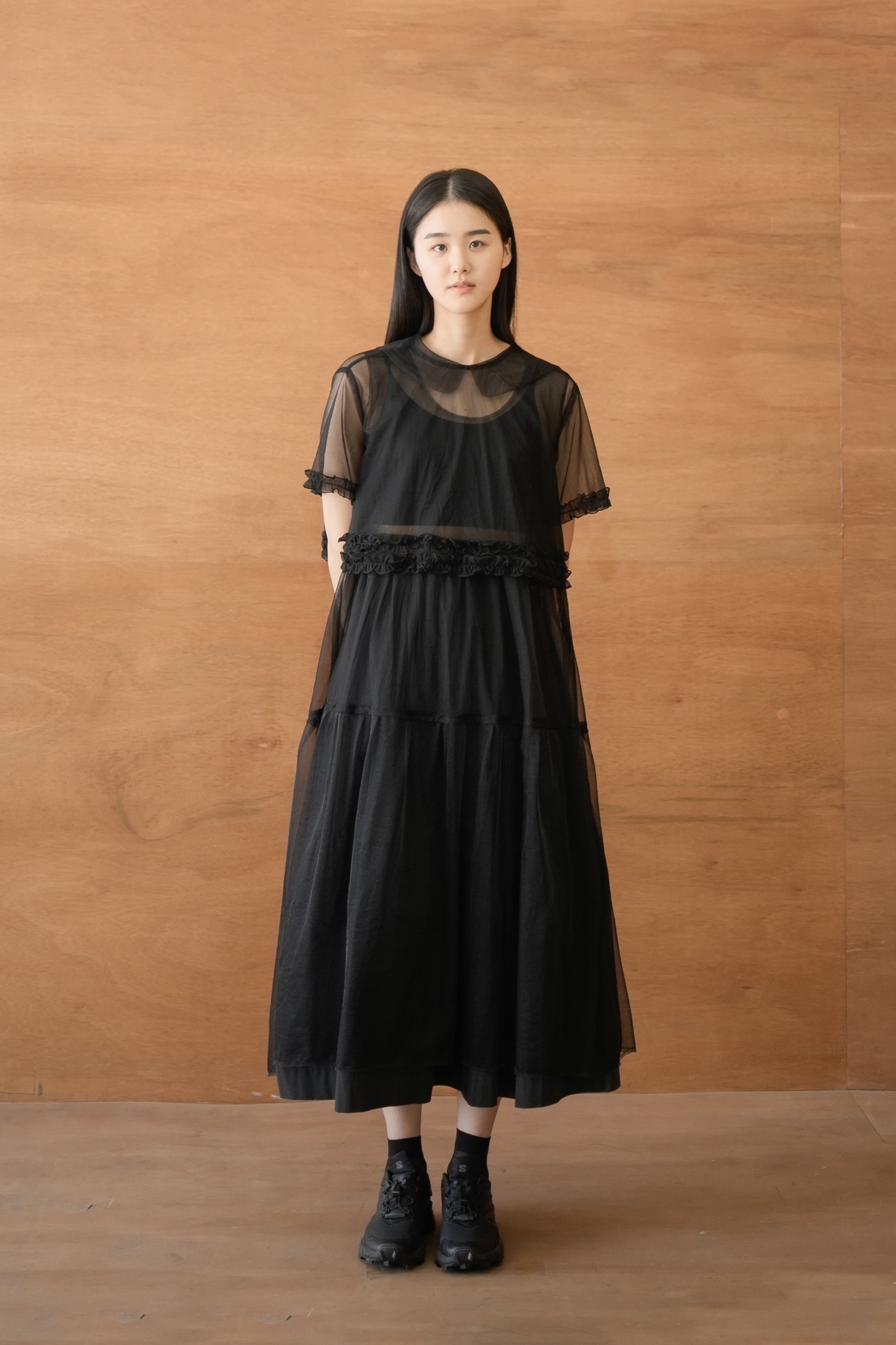 layered mesh tuck dress