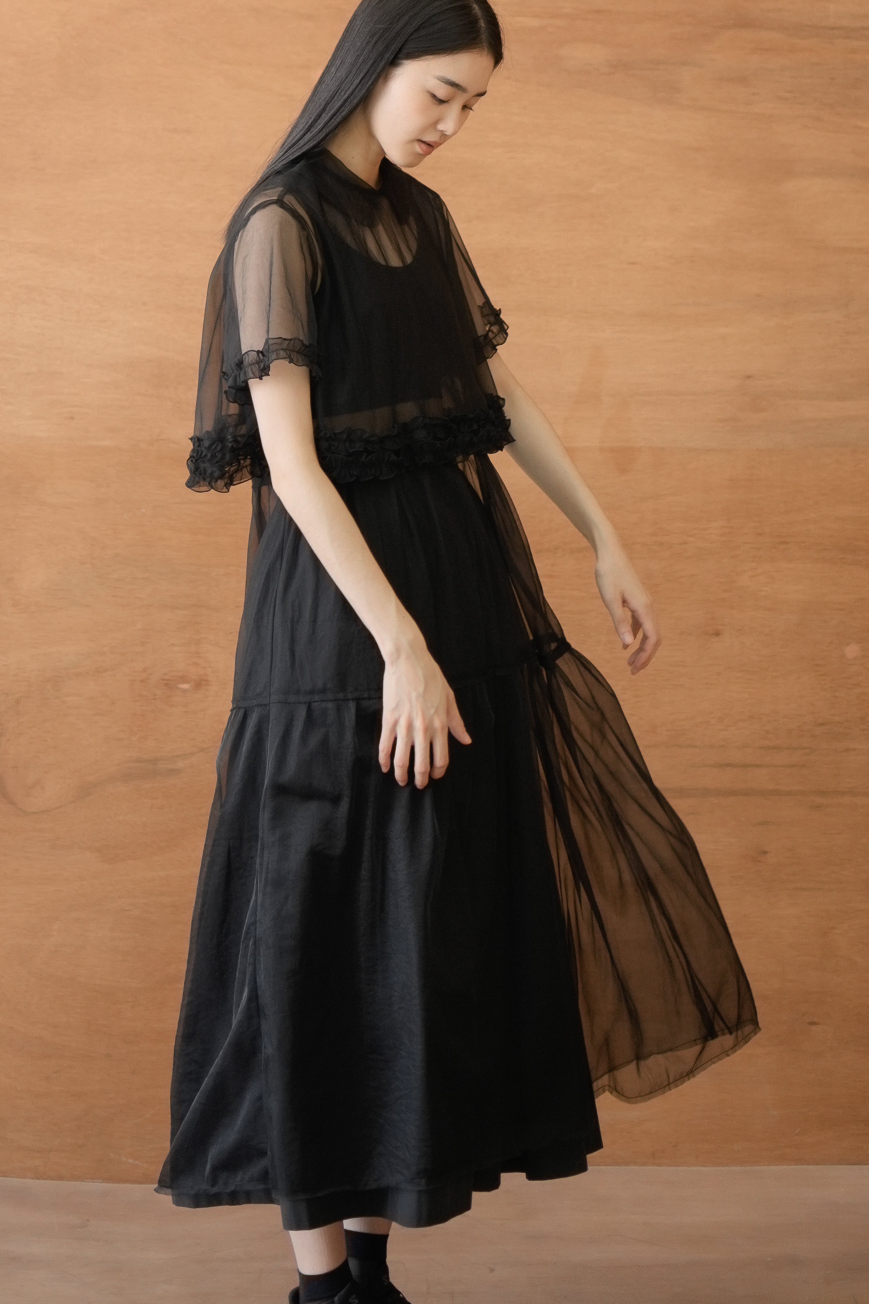 layered mesh tuck dress